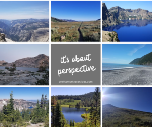 photo collage of various peaks and views with "it's about perspective" in the middle