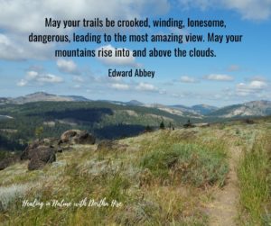 image with Edward Abbey quote: "may your trails be crooked, winding, lonesome, dangerous, leading to the most amazing view. May your mountains rise into and above the clouds."